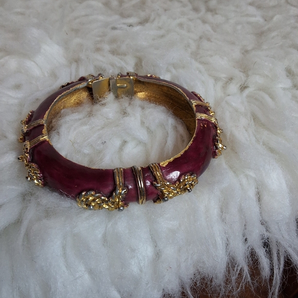 Kenneth Jay Lane KJL Purple Enamel Hinged Clamper Bangle Gold Rope Scroll Bracel - Picture 6 of 12